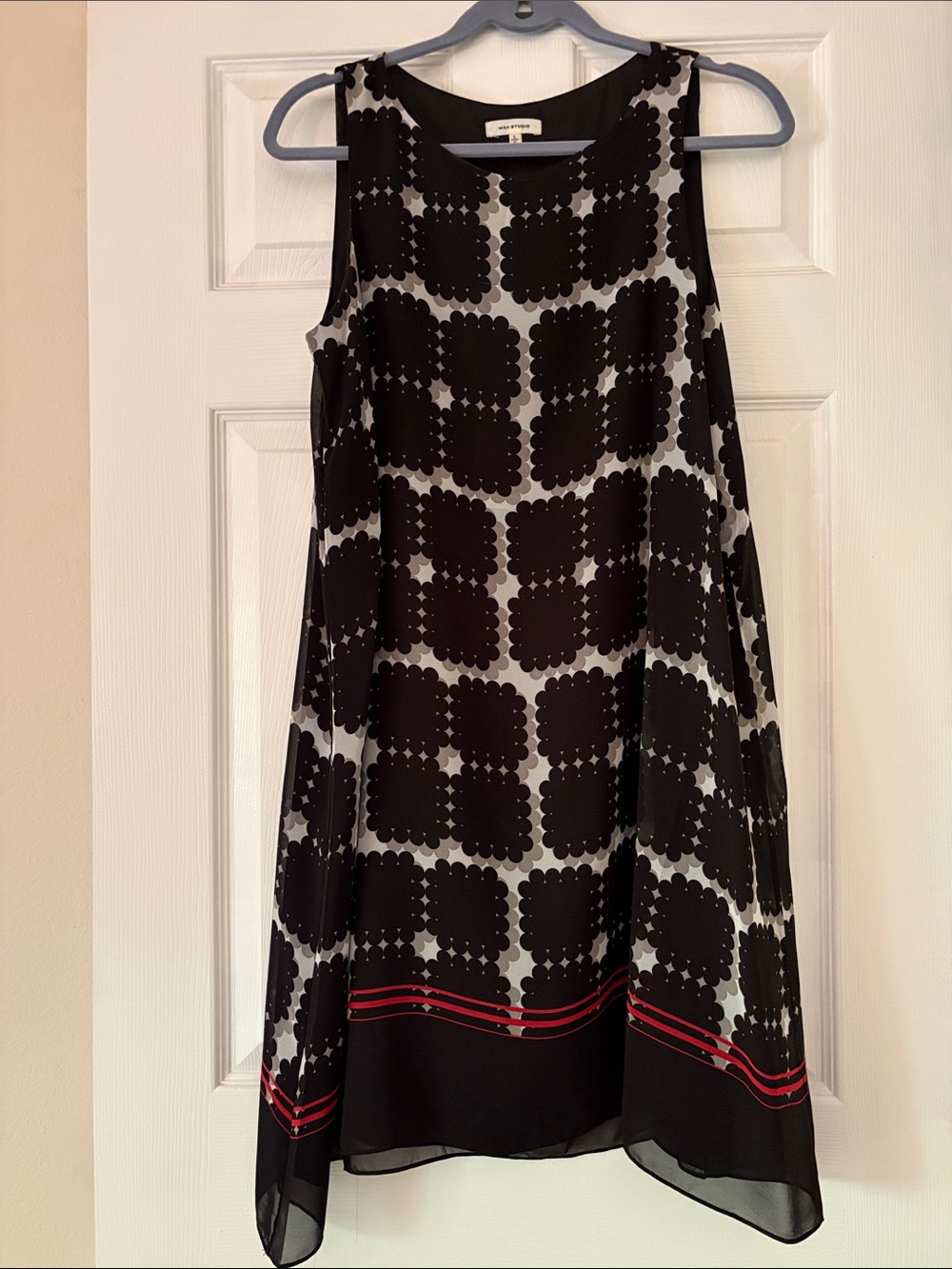 Max Studio Black, White and Red Asymmetrical Sleeveless Swing Dress